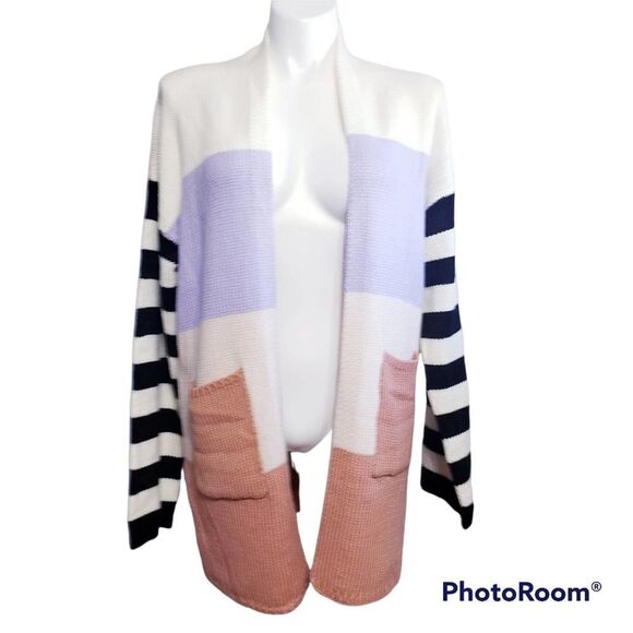 Wanna b Cardigan Sweater L long color block open multicolorstriped Teacher - Picture 1 of 5